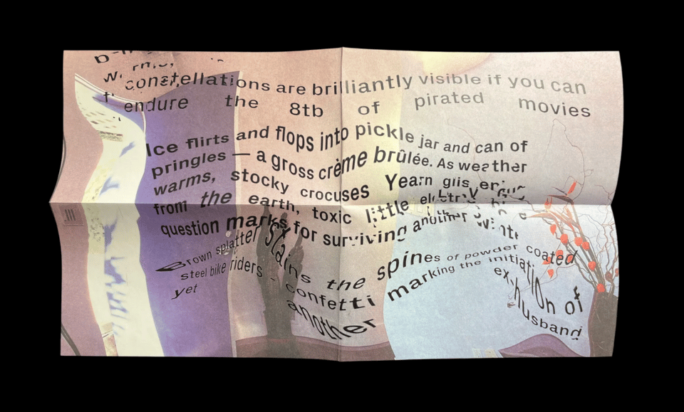 A poster of a dreamy, under-water-looking domestic scene with warped type overlaid.