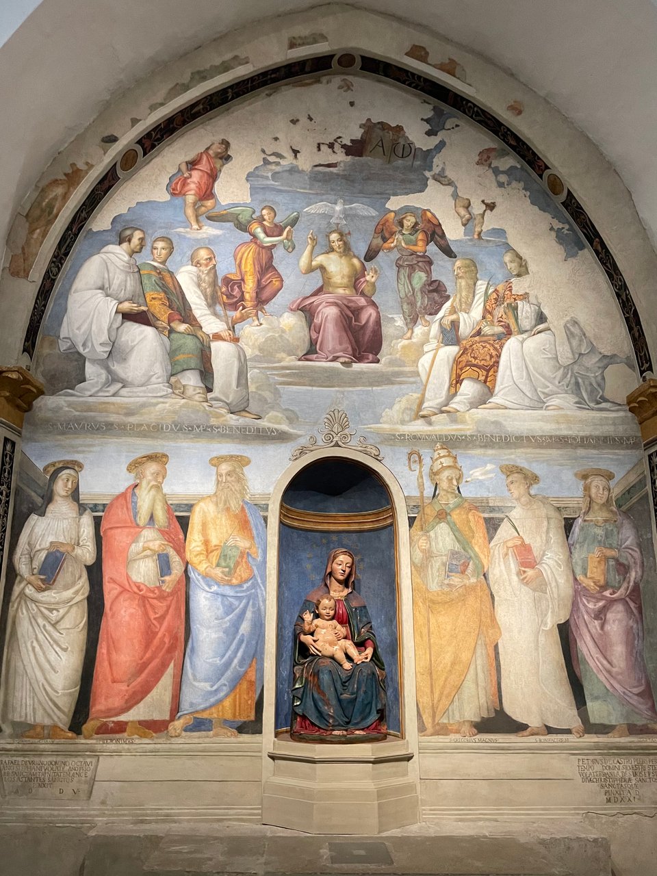 The full fresco, Raphael up top, Perugino down below. You see how they interact, but can't feel how they fill space and how you relate to it