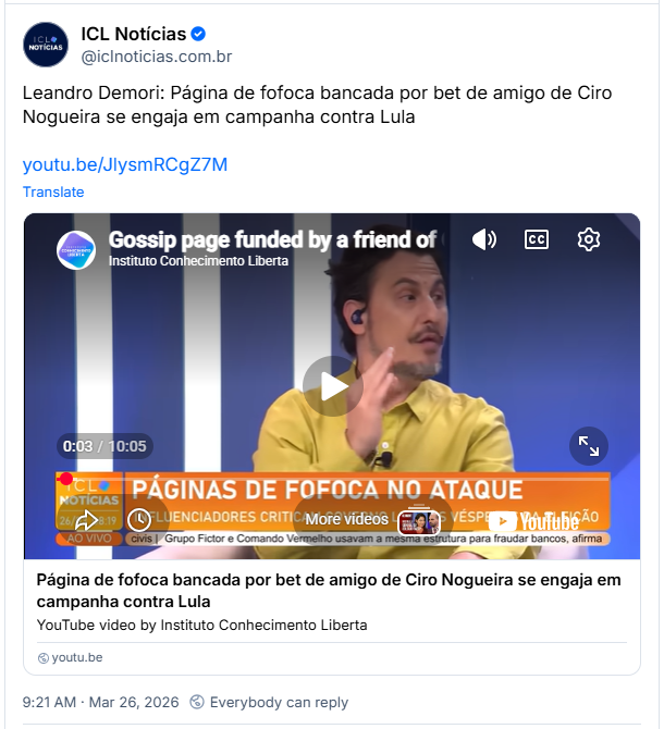 Post de ICL Notícias (@iclnoticias.com.br): Leandro Demori: Página de fofoca bancada por bet de amigo de Ciro Nogueira se engaja em campanha contra Lula
youtu.be/JlysmRCgZ7M