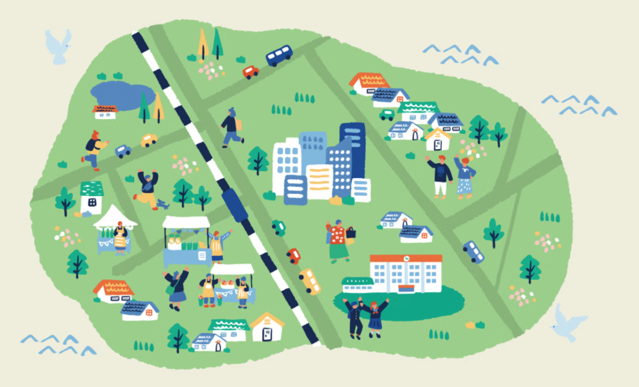 Clip art of a stylised map of a town, with roads, businesses and happy civilians