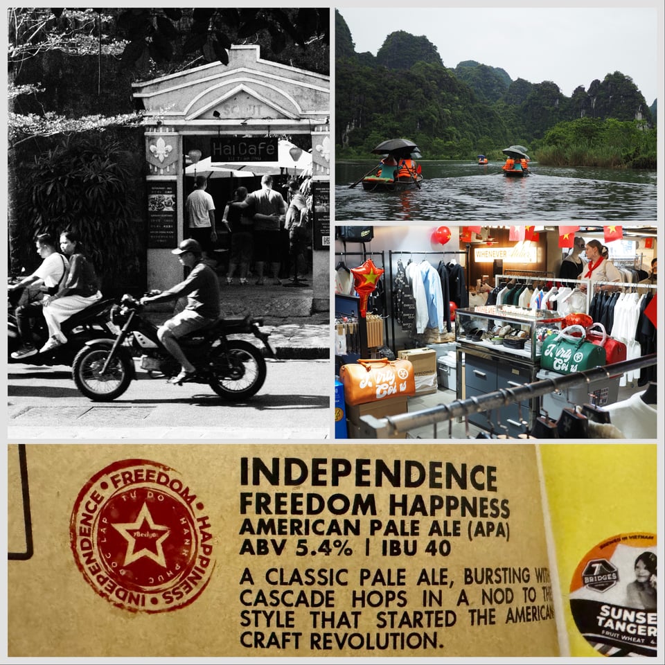 Collage of four photos from Vietnam - a motorbike, a lake with boats, a shop of fashion brands, and a craft beer menu