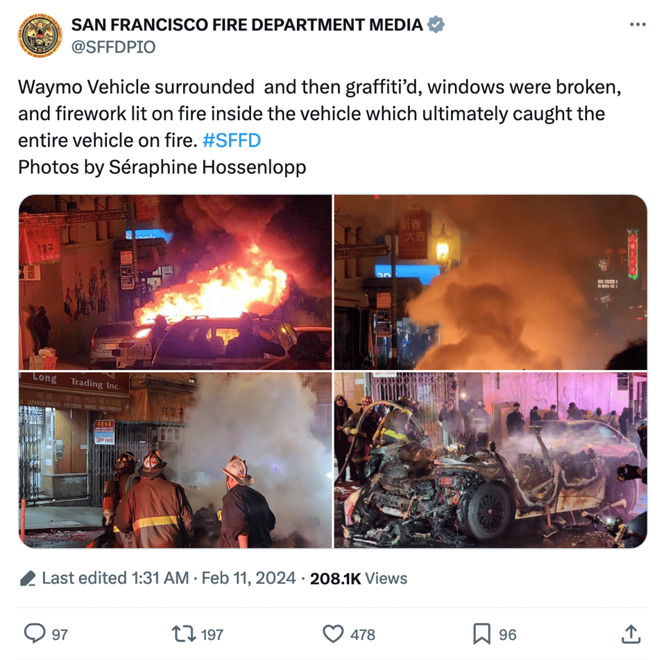 Tweet by San Francisco Fire Department Media with 4 pictures and a text description of a Waymo vehicle that was attacked and set on fire via a firework
