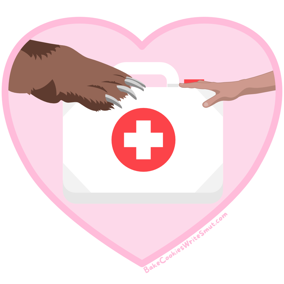 A heart-shaped sticker with a bear paw reaching in from the left and a human hand reaching in from the right. They're both holding one side of a first aid kit.