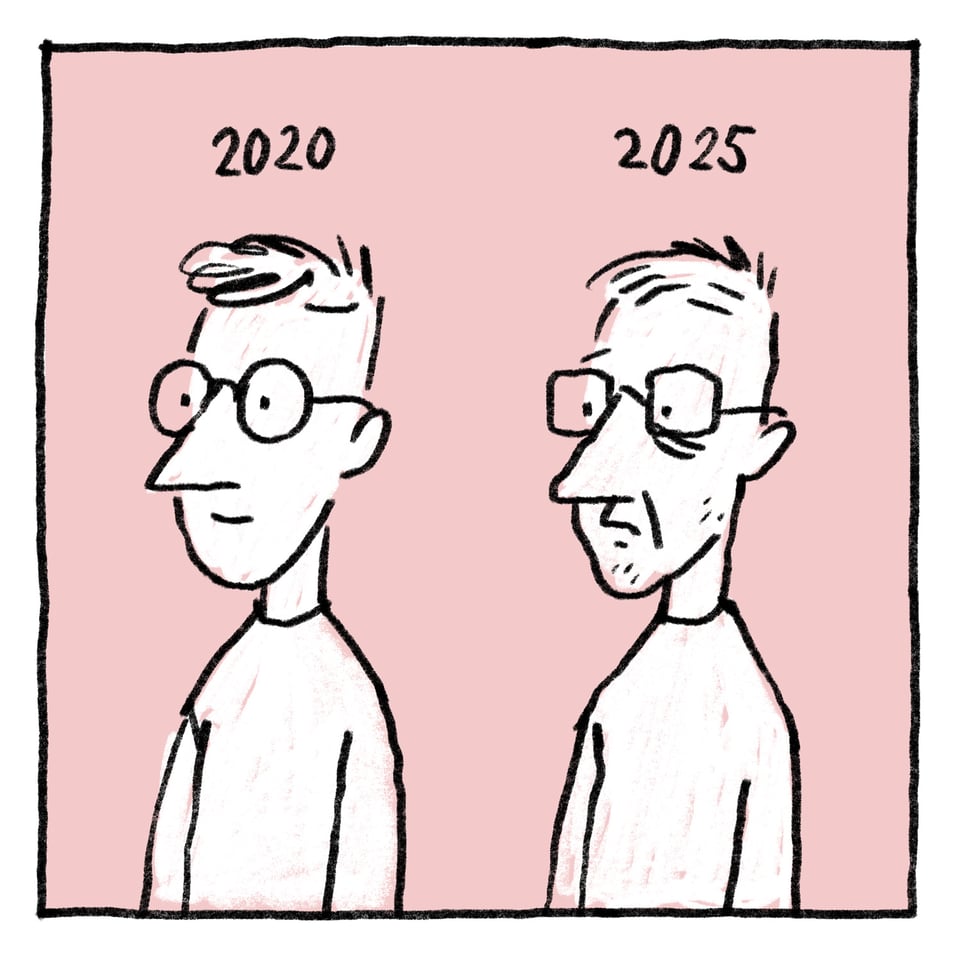 Zeichnung von mir selbst, links als junger Hüpfer, rechts alt und faltig