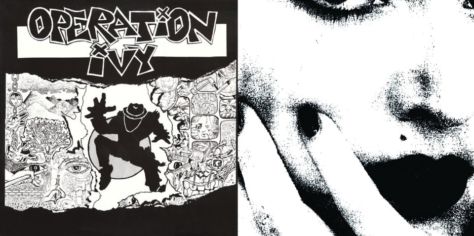 First pic: A pen and ink line drawing of an all-black figure wearing a fedora-type hat, moving into action, possibly dancing. Around him are a number of images, including a hand holding a pool cue, an eye, a tree, some desert-y hills or mountains, some television screens showing weird Cronenbergian body horror, a mouth full of teeth. Second pic: An extremely close up black and white picture of Madonna or someone who looks like her -- it may even be a blowup of a photocopy of a picture. It's very blown-0ut. All we can see is her nose, the bottom of her right eye, her lips, two of her fingers (with painted nails) holding her chin and cheek, and her lipstick'd lips.