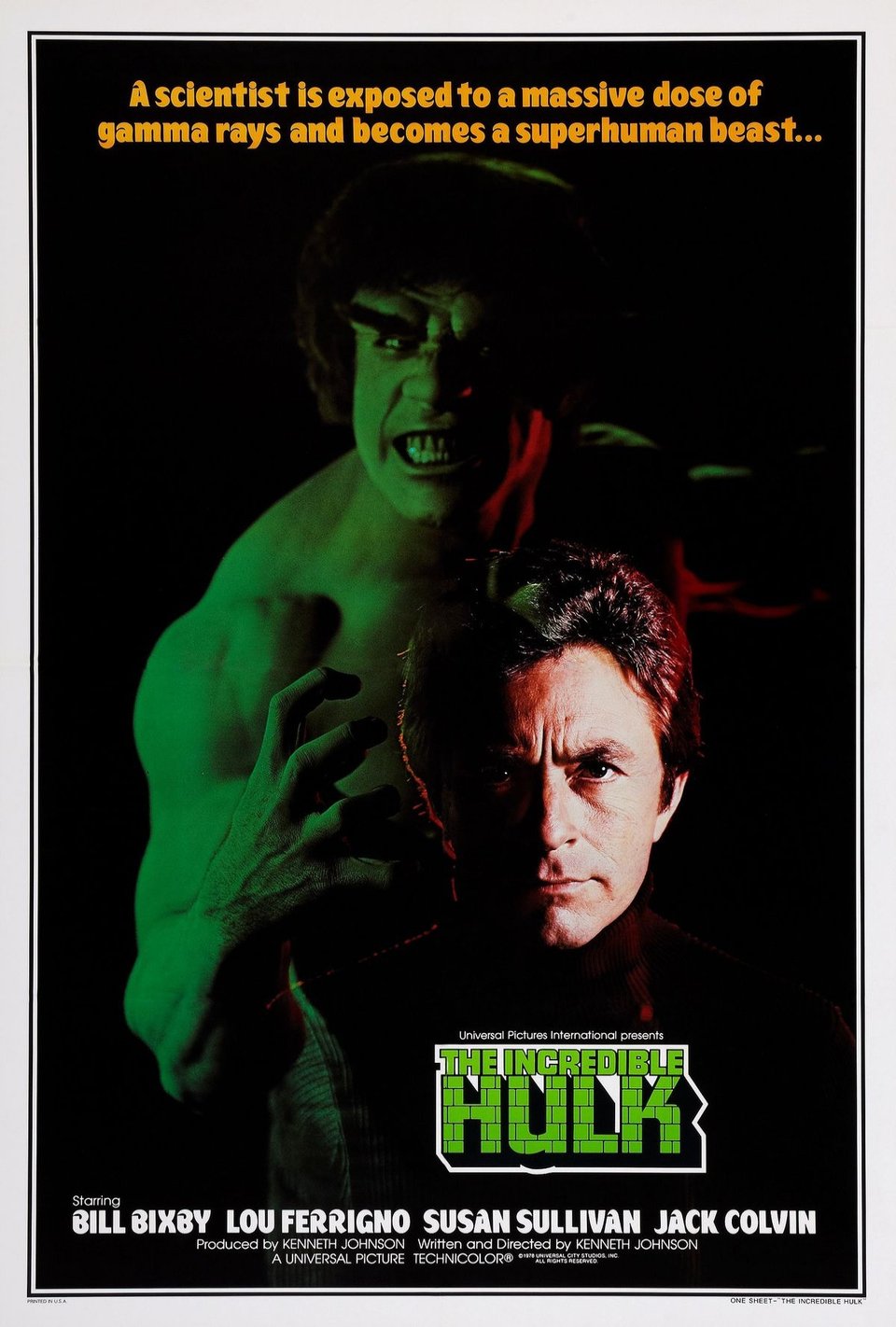 A green-skinned raging beast clutches his oversized hands, superimposed on top is a mild mannered figured, David Banner. THIS is the Incredible Hulk.