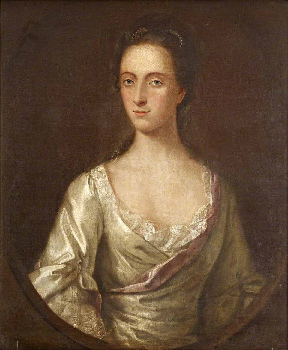 A portrait of Elizabeth Chudleigh, a skinny white woman in a golden gown