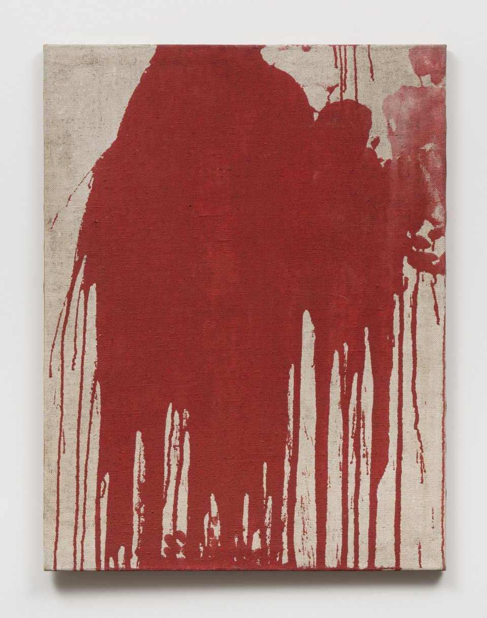 A red splattered canvas—an "action painting"—that evokes blood, by Hermann Nitsch