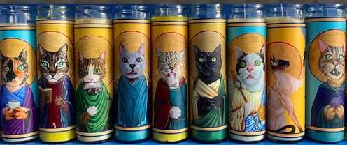9 prayer candles, each depicting a different cat "saint"