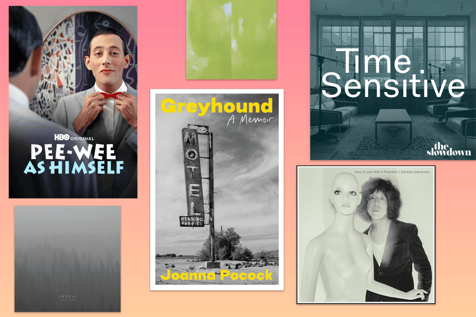 A collage of media covers on a coral pink background. Top left: HBO's 'Pee-wee as Himself' documentary poster showing Paul Reubens adjusting a red bow tie in front of a mirror. Center: 'Greyhound: A Memoir' by Joanna Pocock book cover featuring a black and white roadside motel sign. Top right: 'Time Sensitive' podcast logo over a teal-tinted office interior. Bottom left: A minimalist gray album cover for 'Loscil'. Bottom right: Shintaro Sakamoto's 'How to Live With A Phantom' album cover showing a black and white photo of two figures - one blonde person and one with dark hair in a suit jacket.