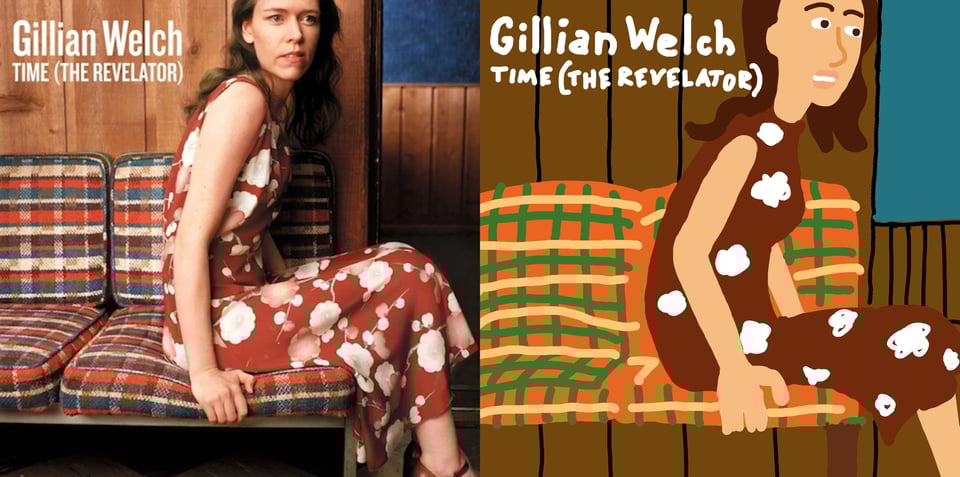 Gillian Welch, a thin white woman with long brown hair, sits on a table that have cushions on them. She is in a red dress covered with white flower shapes. The cushions have a multicolored, striped, kind of plaid pattern on them. The woman looks off to the right with a slight look of puzzlement.