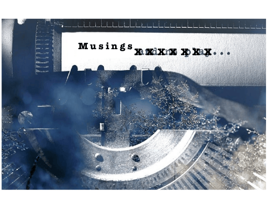 A close-up of a typewriter showing the ribbon, the letter caster, and part of a white page. Text reads "Musings xxxxxxx..." The x's overlay other words
