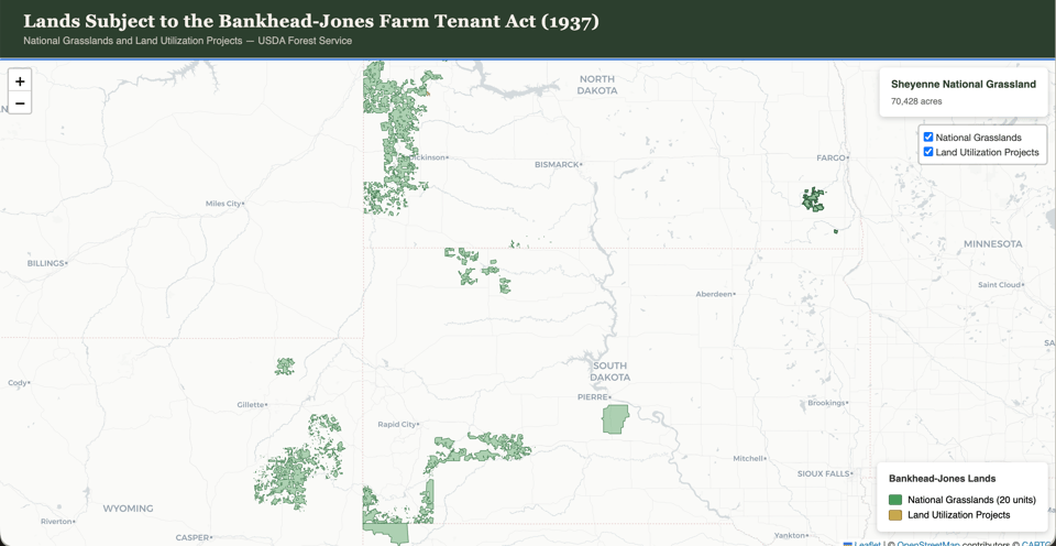 A map of North and South Dakota showing green rectangles of land subject to the Bankhead-Jones Farm Tenant Act (1937).