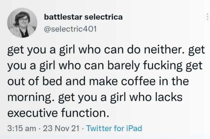 battlestar selectrica: get you a girl who can do neither. get you a girl who can barely fucking get out of bed and make coffee in the morning. get you a girl who lacks executive function.
