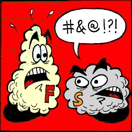 A picture of Fuzzball and Scuzzball, two balls of fuzz with eyes and mouths, each helpfully labeled with a big letter F or S, on a bright red background. Scuzzball is yelling undefined profanity at Fuzzball, who looks shocked.