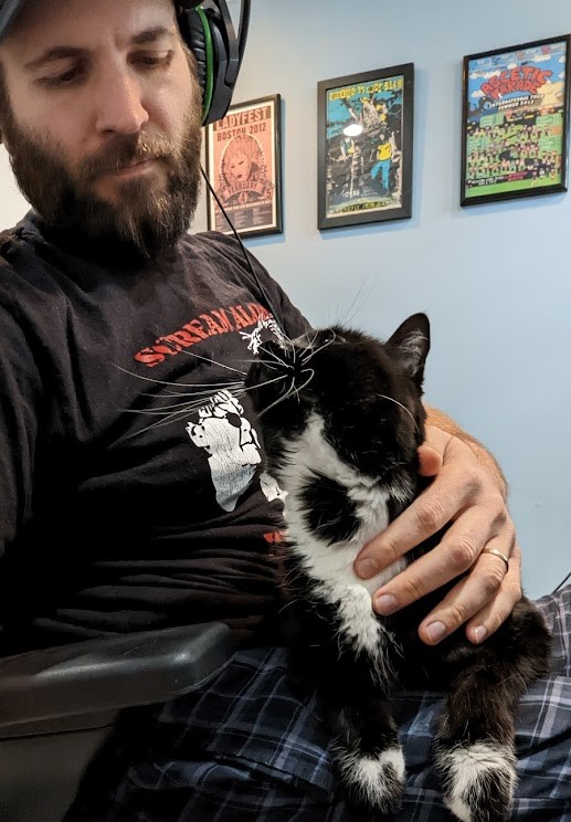 Walter, a tuxedo cat, sitting on my lap, looking up at me.