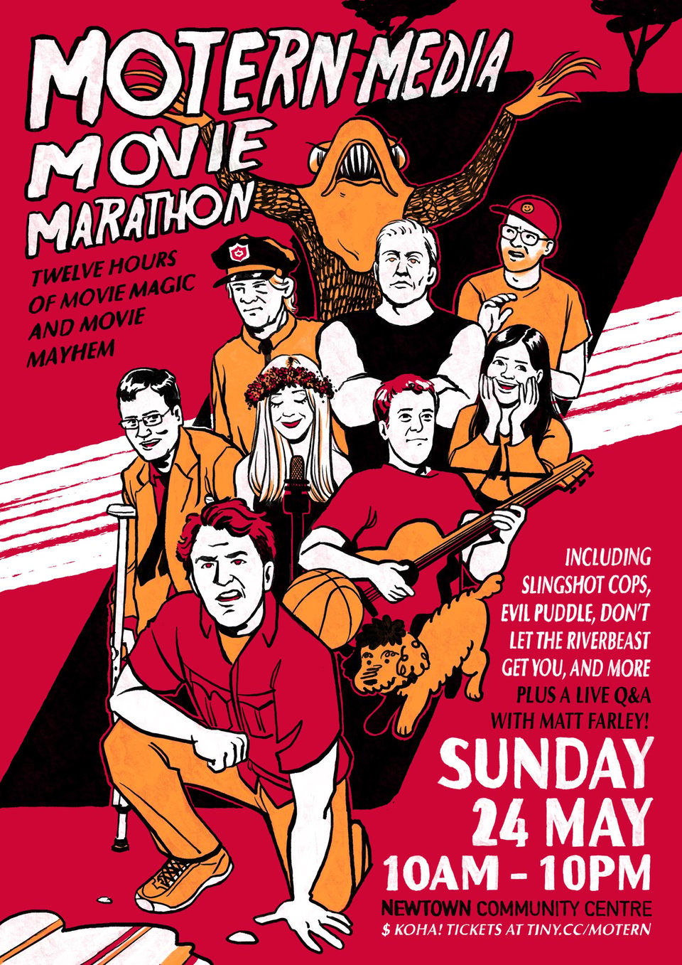 Hand-drawn poster showing the repertory players as different characters from their films in a center column plus the marathon details that are listed below