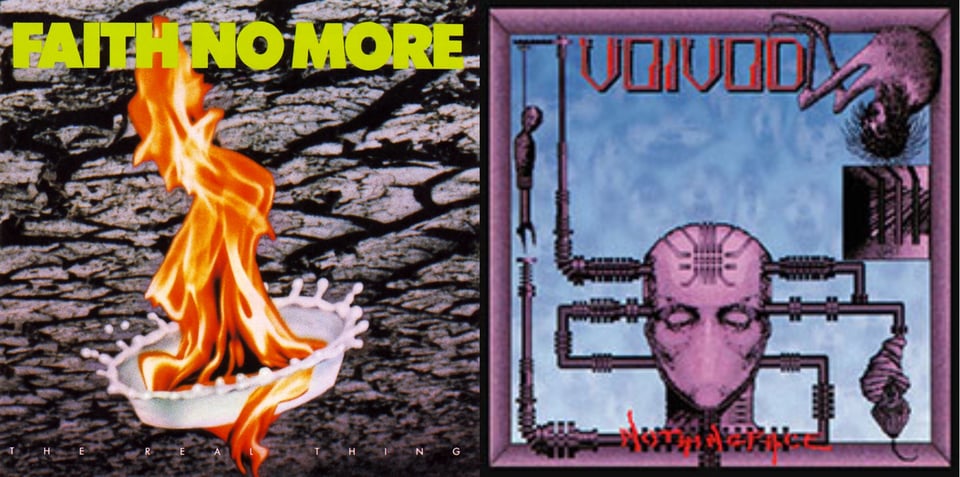 First pic: A circular pie-tin shape, like the ring created when a drop water hits a surface, with crown-like protrusions around the edge of it. Inside the shape is a column of fire. Behind the image is a picture that suggests the cracked dry surface of a desert or even volcanic landscape, but also the branches of trees. What it actually is eludes me. Second pic: The head of a humanoid, perhaps alien creature, with pink skin. It has no mouth, and a circuitry-type design on its forehead. There are various pipes leading from the edge of the picture and going into the head. The background is blue. I don't know if Voivod say "trans rights" but they seem like a metal band that would.