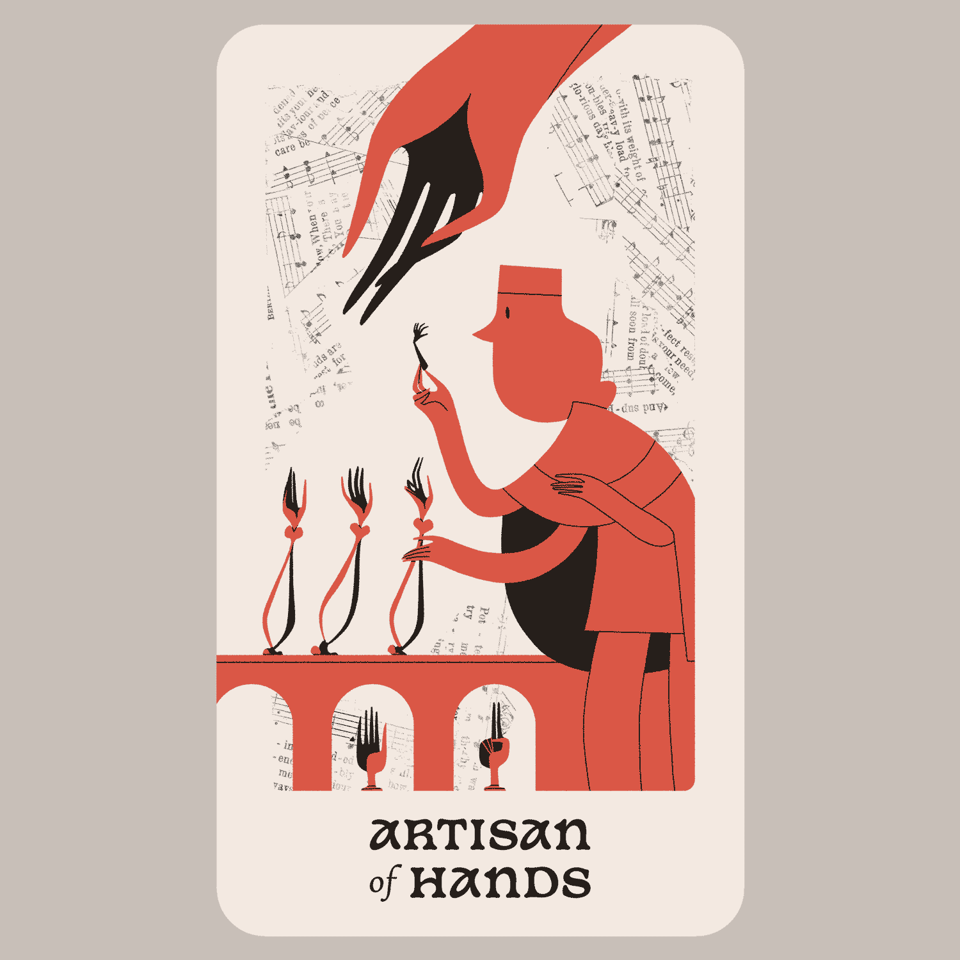 Artisan of Hands — a three-armed artisan inspects a small mechanical hand in their workshop, assisted by other, disembodied arms.