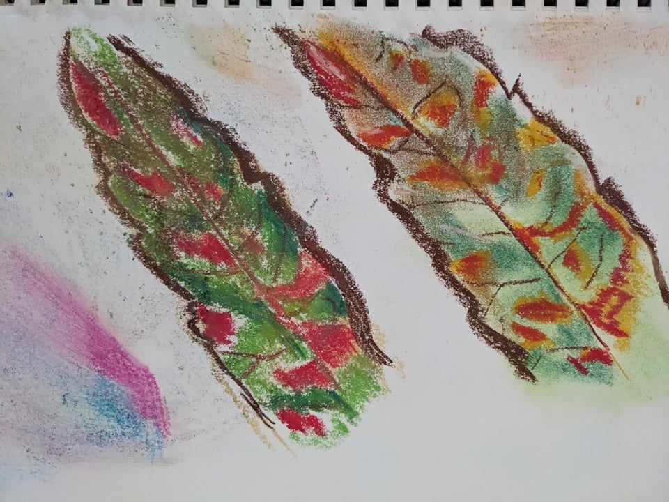 rendering of green and red leaves in pastels