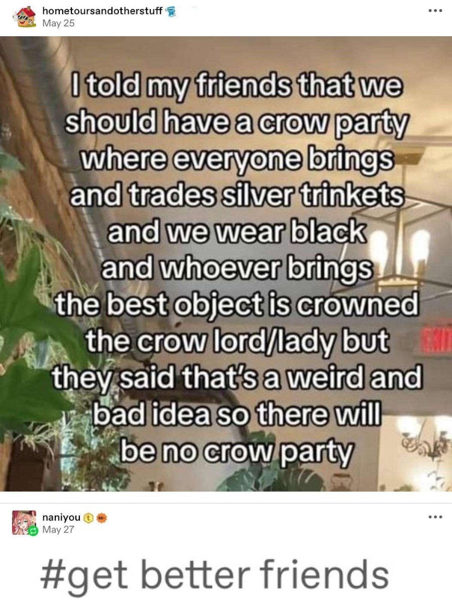 Tumblr post from hometoursandotherstuff: Text overlaid over a photo of a room decorated with plants: "I told my friends that we should have a crow party where everyone brings and trades silver trinkets and we wear black and whoever brings the best object is crowned the crow lord/lady but they said that's a weird and bad idea so there will be no crow party." Naniyou replies below with a screenshot of a tag that simply reads: "get better friends"