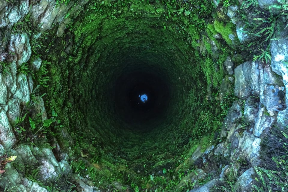 A photo of an old mossy well, looking down from the top