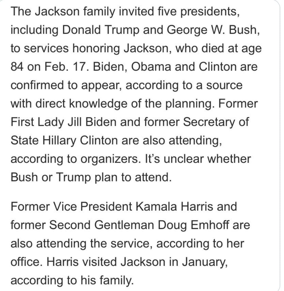 who is coming to Rev. JAckson’s funeral