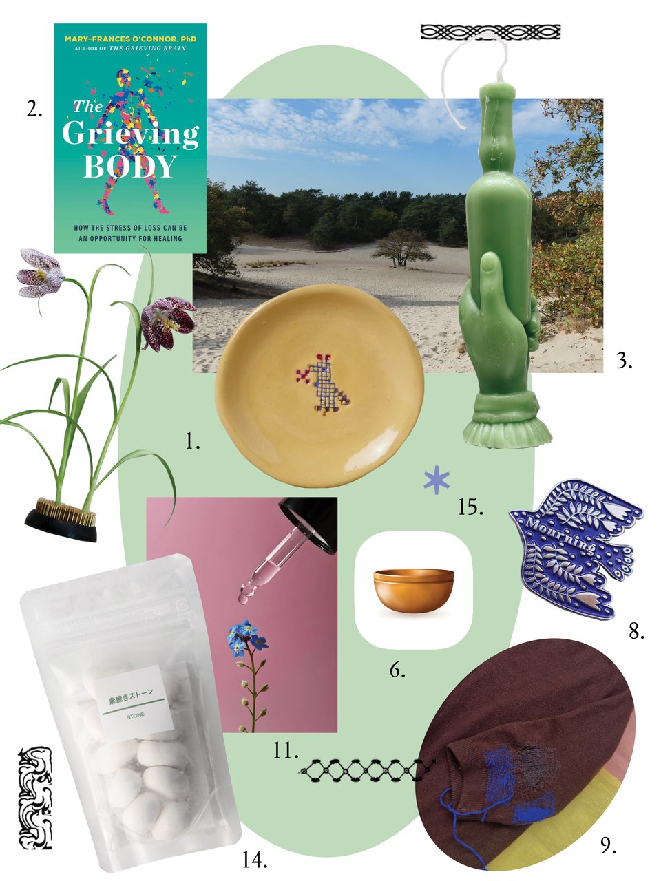 A selection of cut-out images from the gift guide below that creates of a collage of materials, textures, colors, handmade and natural elements.