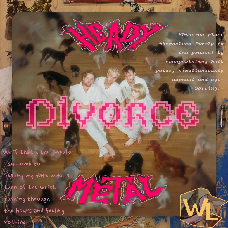 album cover for heady metal by divorce with the band sitting on the floor surrounded by dogs