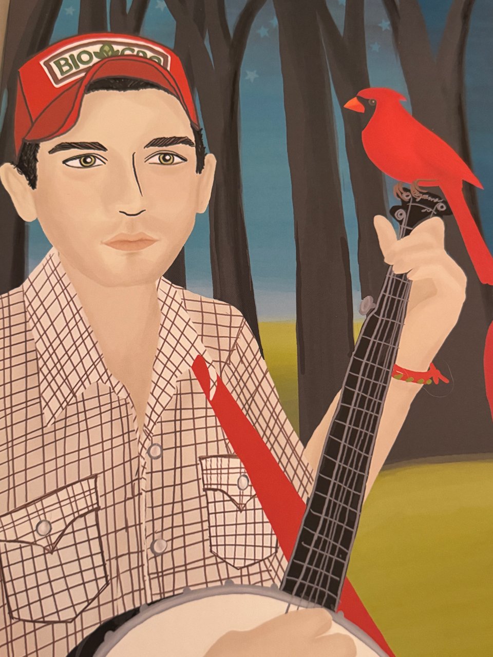 A painting of Sufjan playing a banjo. A cardinal is perched on the headstock.