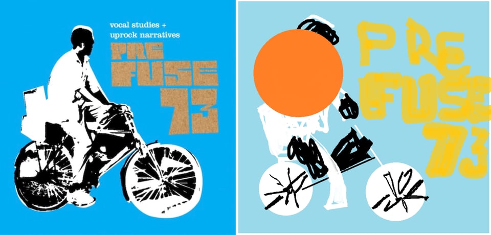 A high-contrast photo of a man on a bicycle. It's so high contrast that the man is mostly white and all the negative spaces are black. This is on a blue background.