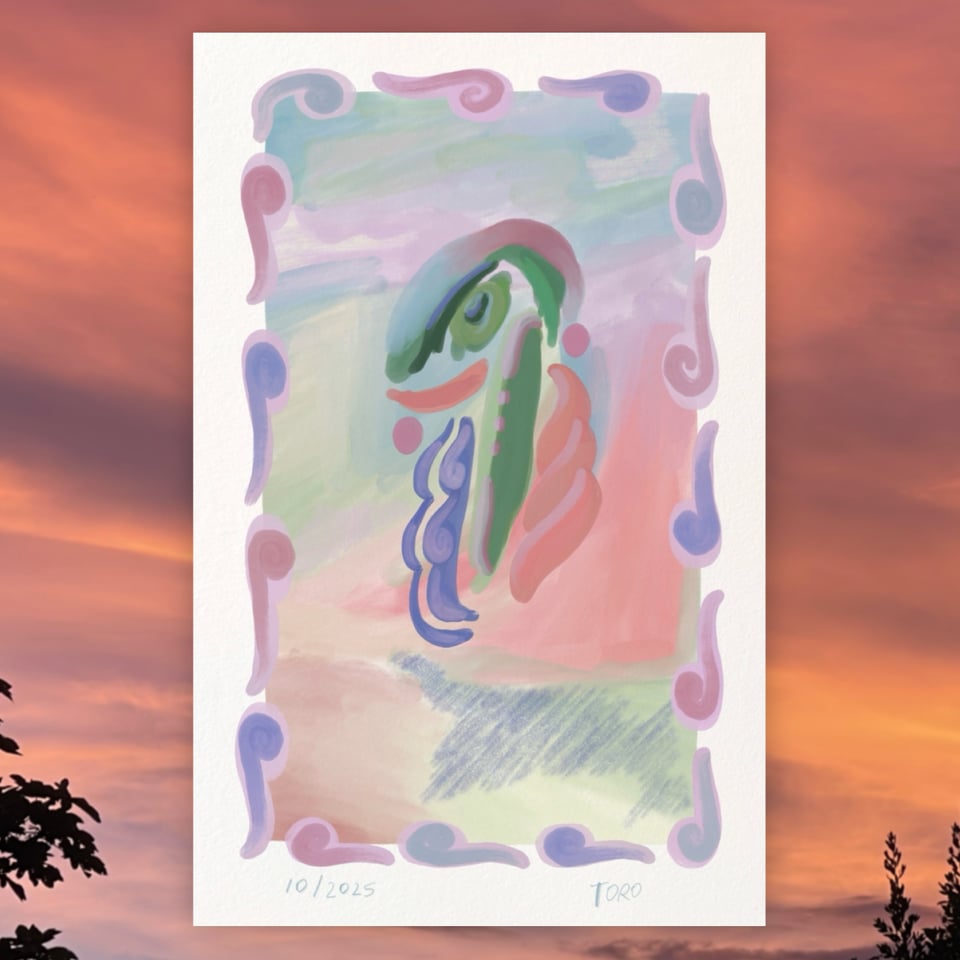 Purple, green, and muted red abstract illustration of various colors and textures with a collection of shapes with an eye. On a photo of a purple and gold sunset.