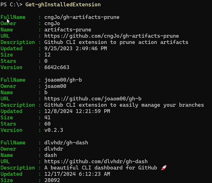 Get installed gh extensions with PowerShell