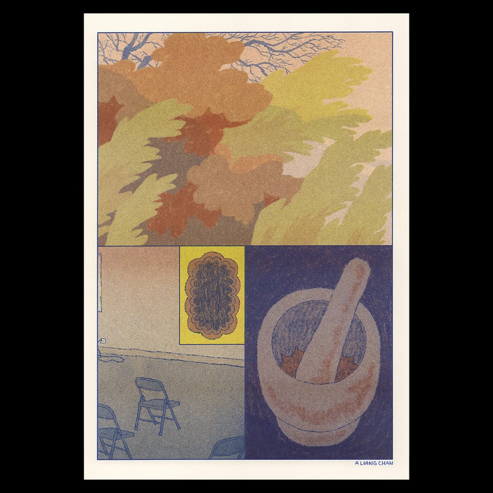 a risograph print: in the top half, trees in red-gold foliage. in the bottom panels: 3 metal folding chairs scattered in an empty room; an inset of scalloped shape as if the center is being eaten away; a mortar and pestle.