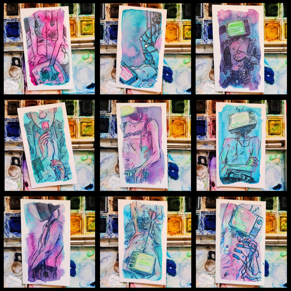 A 3 by 3 grid of photos of sketchcards featuring men with TV heads.
