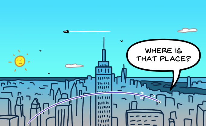 Comic panel where someone is leaping over a large city, asking "Where is that place?"