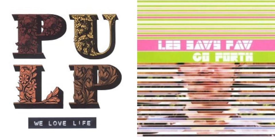 First pic: The letters P and U on top of the letters L and P. Each of the letters is illustrated with pen and ink drawings of flowers. Below that is WE LOVE LIFE written like on a label maker. Second pic: A photograph of a white man from the nose to the neck, wearing a collared shirt. However, the image has been bisected by about thirty horizontal lines, turning the photograph into a series of strips. It's possible that each strip is actually a different photograph of a person, and it's just combining to make single picture of a person who doesn't really exist.