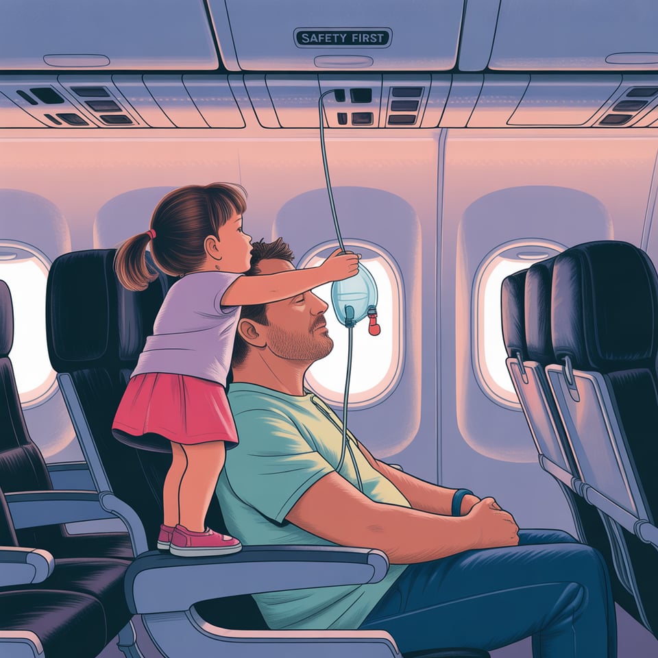 AI generated image. the prompt reads: a safety diagram. illustration. the typical aircraft safety image showing an adult putting the oxygen mask that drops down in case of a sudden loss of pressure on a child but this time it's reversed; the child is putting the mask on the adult, standing on their seat to reach their head. parents eyes closed.
