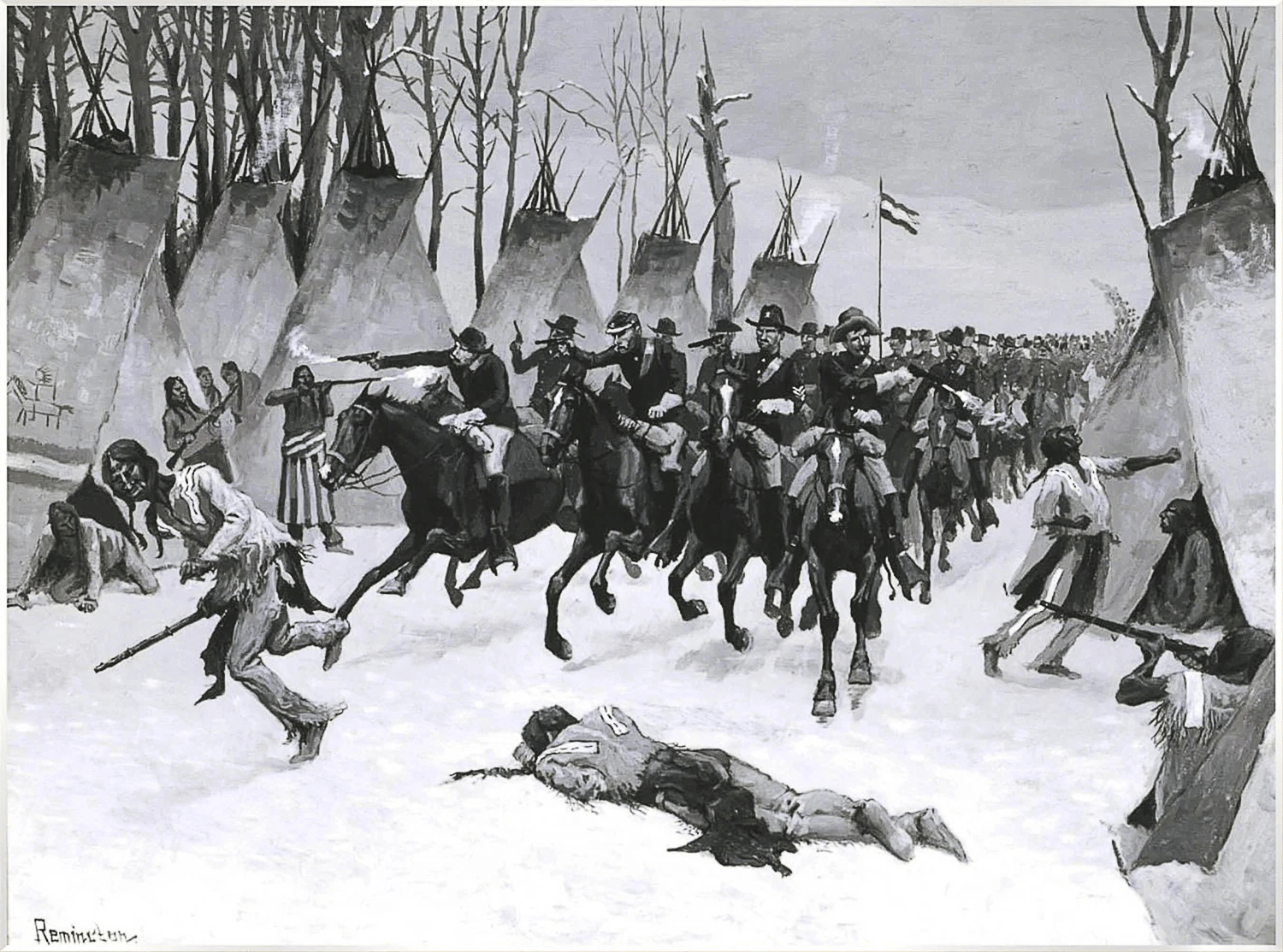 Painting of the Battle of Washita (River) - Sand Creek Massacre by Frederic Remington. Description: At dawn on November 29, 1864, approximately 675 U.S. soldiers commanded by Colonel John M. Chivingto