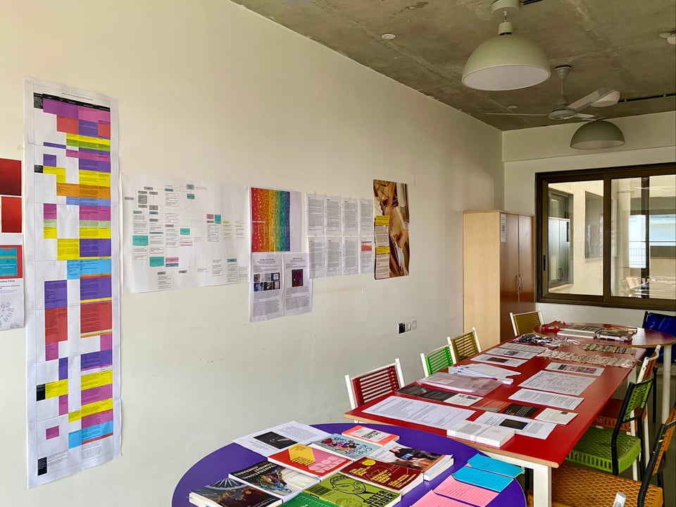 A view of the Just Futures Co-lab with wide-ranging materials on display.