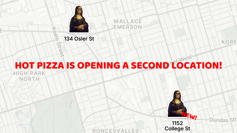 A map showing the two Hot Pizza locations in the West End of Toronto