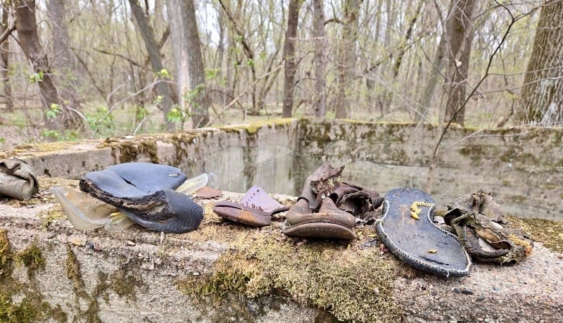 Say, did anyone lose a bunch of shoes, maybe in the 1930s? An old utility foundation in the park woods near the Sand Point Trail was full of old shoes, or parts of them. Here are a few we lined up to examine before hauling them out. / Photo by Pamela Miller