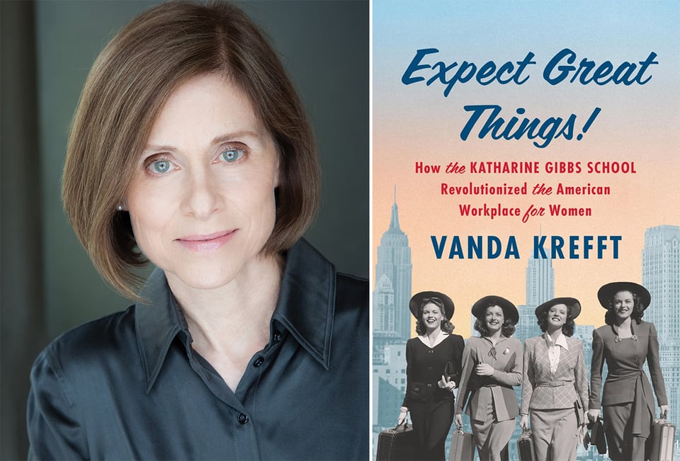 2 images: left, photo of Vanda Krefft by Mikel Healey; right, the cover of Vanda's biography, EXPECT GREAT THINGS!
