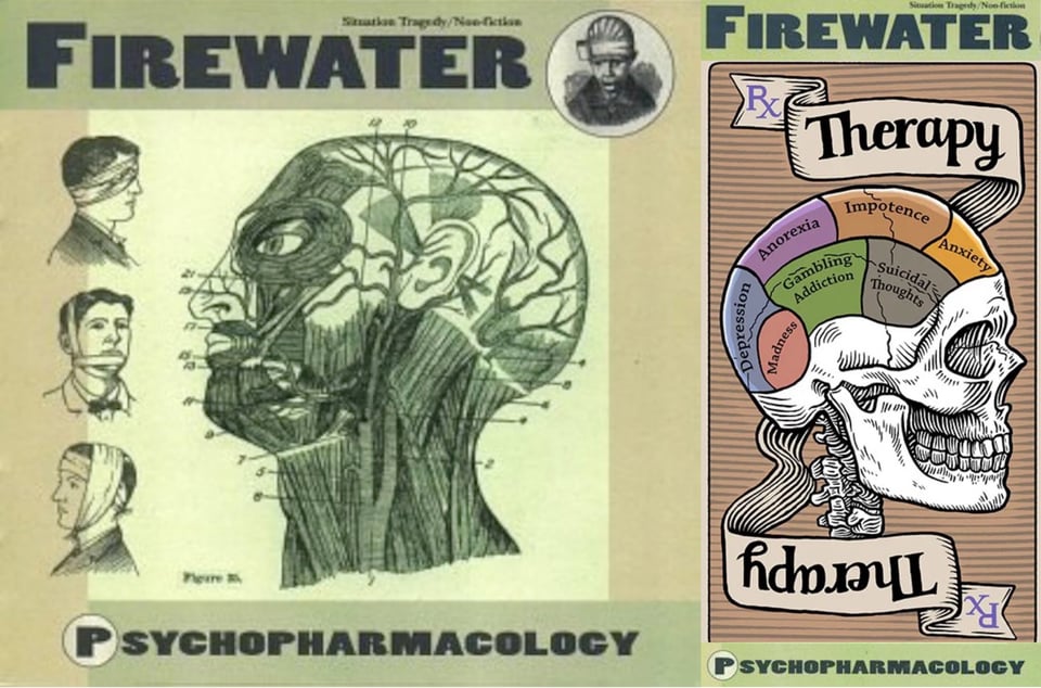 A green-tinted medical-style drawing of a human head with out the skin. A number of arrows point out various parts of the head, each arrow connected to a number but there is no legend visible to identify the parts. On the left side, running from top to bottom, are three drawings of male heads with bandages on them -- the top one has a bandage over the eyes, the middle one over the mouth, and the last one over the ears.