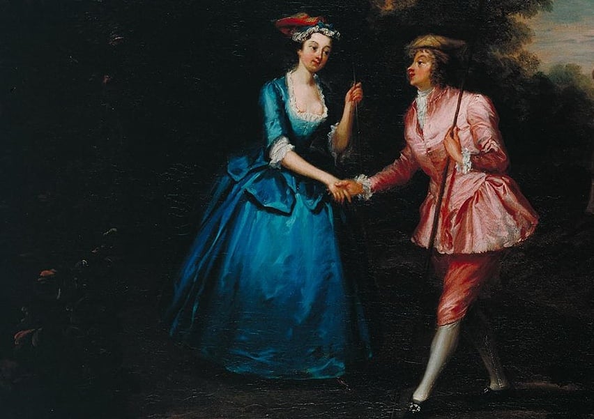 Charlotte Charke, wearing ridiculously fancy men's clothing including a silken jacket and trousers and pristine white hose, greets a woman waring a fancy blue dress with bows and lace and hoops and the whole deal