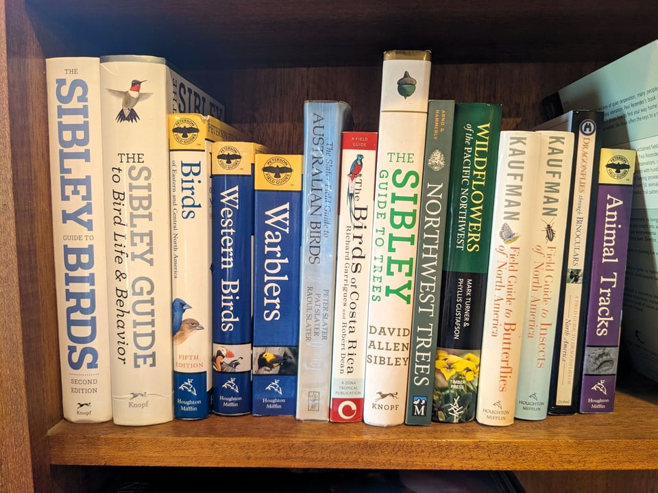 a range of field guides displayed on a bookshelf
