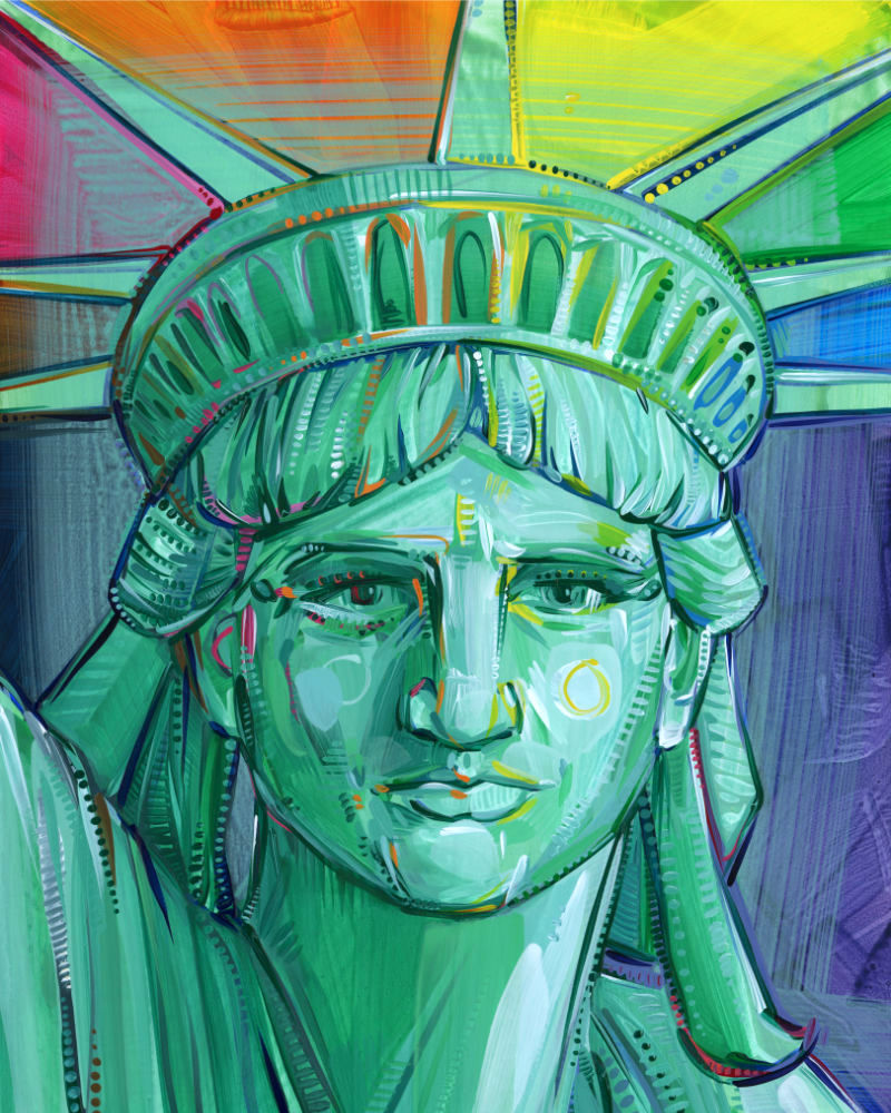 painting of the Statue of Liberty's face with rainbow touches