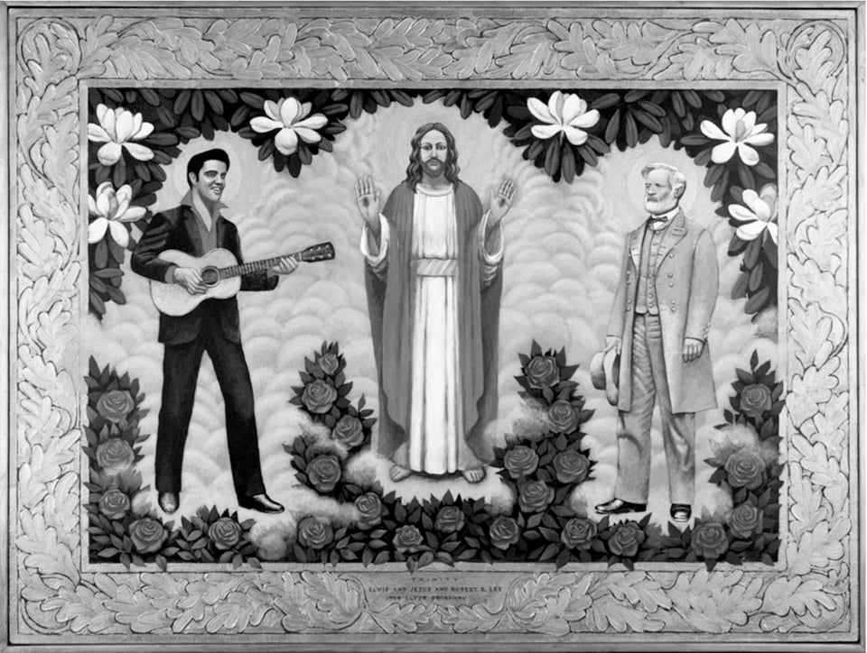 painting of elvis, Jesus, and robert e lee, called "Trinity" in a gilt frame