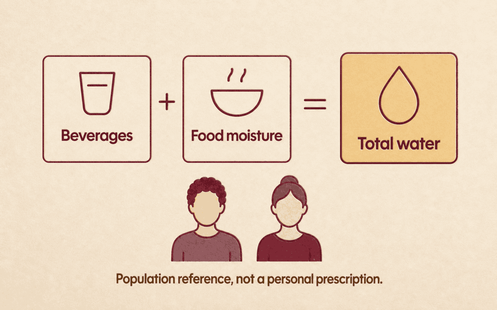 Beverages and food moisture shown as equal contributors adding up to total water, with two equally scaled adult figures beneath and no numbers on the image.