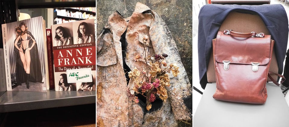 3 digital Instax photos: left, the book covers of memoirs by Julia Fox and Anne Frank; center, etail of Anselm Kiefer installation, "Sag mir wo die Blumen sind," showing a work uniform encrusted in so much paint it's rigid, hanging against a gnarly greenish background, with withered flowers sticking out of the left side pocket; right, a cafe chair with a woman's navy blazer draped over the back and her leather satchel on the seat